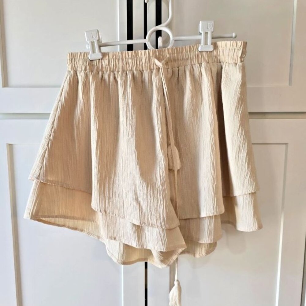 Cider Boho Lounge Shorts Crinkle Gauze Drawstring Tassel Beige Cream Casual XL